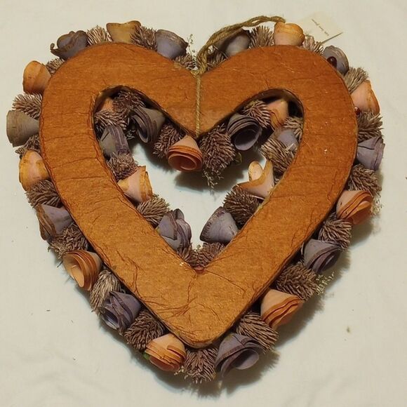 Vintage Valentine's Day Wood Curl & Floral Live Pink Heart Wreath - Picture 2 of 6